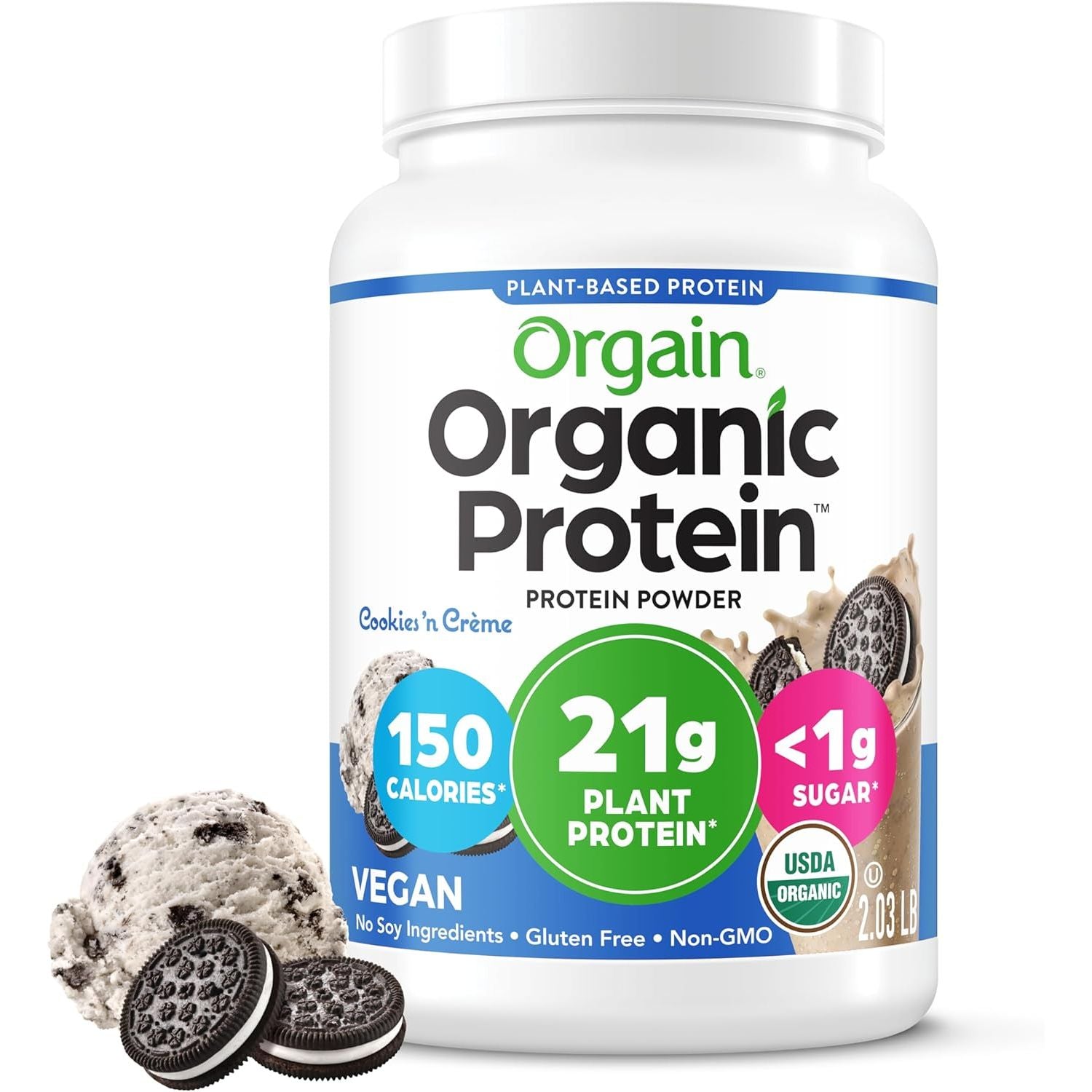 Orgain Organic Vegan Protein Powder, Creamy Chocolate Fudge - 21g Plant Protein, 6g Prebiotic Fiber, Low Net Carb, No Lactose Ingredients, No Added Sugar, Non-GMO, For Shakes & Smoothies, 2.03 lb