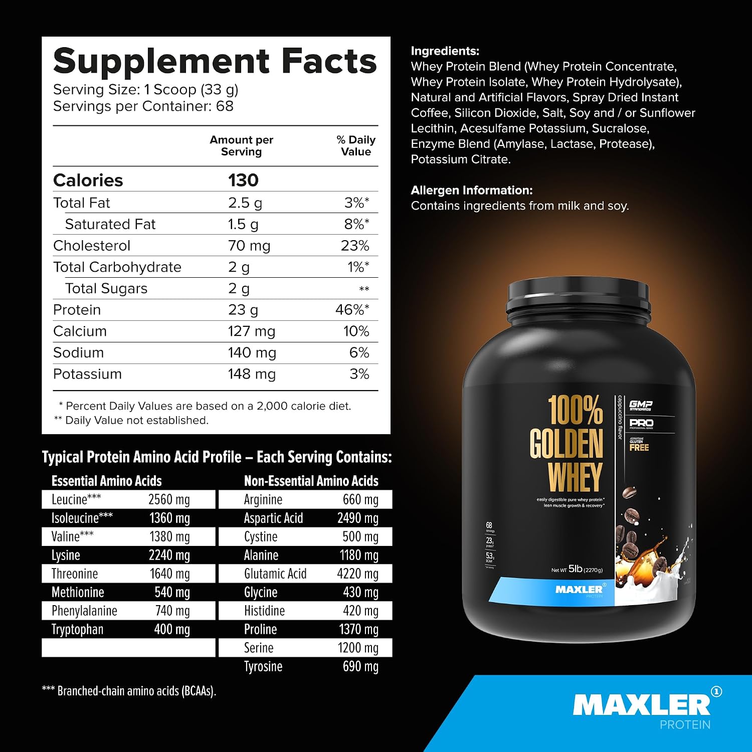 Maxler 100% Golden Whey Protein - 23g of Protein per Serving - Whey Protein Powder for Pre Post Workout - Fast-Absorbing Whey Concentrate, Isolate & Hydrolysate Blend - Cappuccino 5 lb