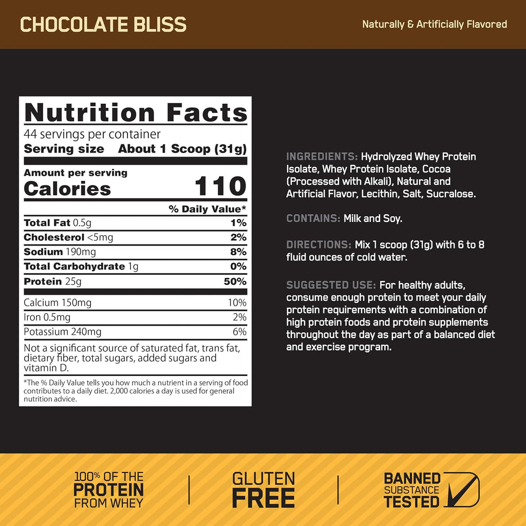 Optimum Nutrition Gold Standard 100% Isolate, Protein Powder, Chocolate Bliss, 3 Pounds, 44 Servings. Whey Protein Isolate (Packaging May Vary) (Pack of 4)